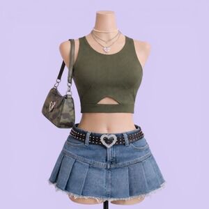 Forever 21 Olive Green Zip Back Crop Top Y2K Grunge Indie Size S Summer Festival